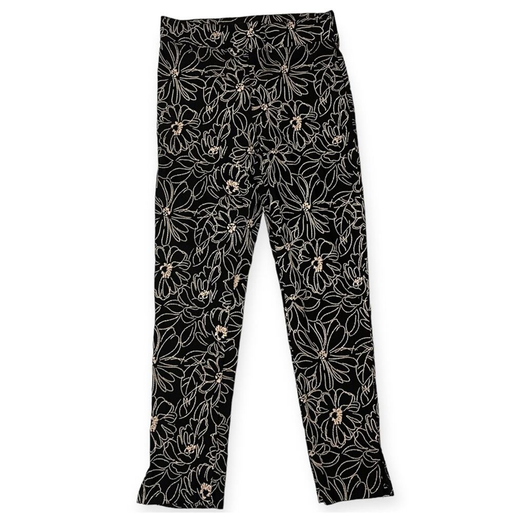 Agenda Petite Black Tan Floral Slim Fit Work Pants Ankle‎ Slit Pants Size Small